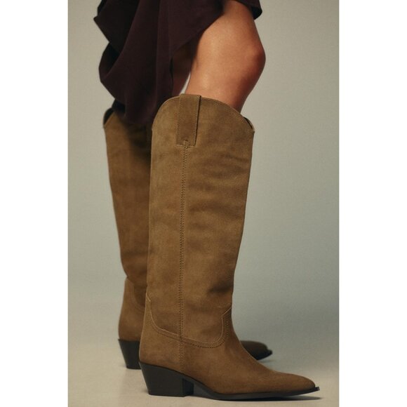 NWT Zara Tan Suede Cowboy Boots Size 39 / US 8 Block Heel Pull-On - Picture 1 of 7